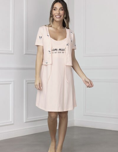 26200 - Camisón maternal de jersey con taza de lactancia y mañanita - S al XL - Gris Melange, Rosa