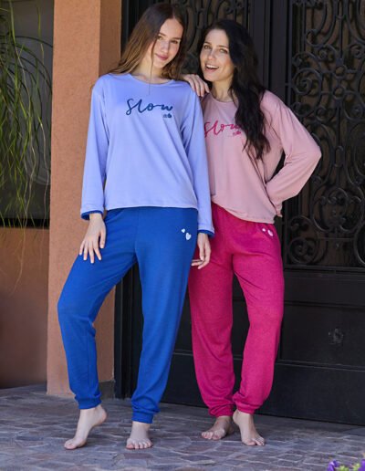 26506 - Pijama combinado con remera en modal y pantalón en lanilla - 1 al 4 - Rosa-fucsia, Celeste-Francia, Negro-gris melange