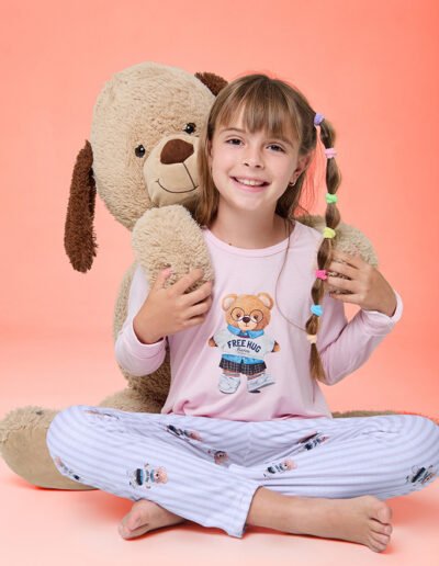 26551 - Pijama de niña en modal con pantalón estampado - 4 al 8 - Gris melange, Rosa